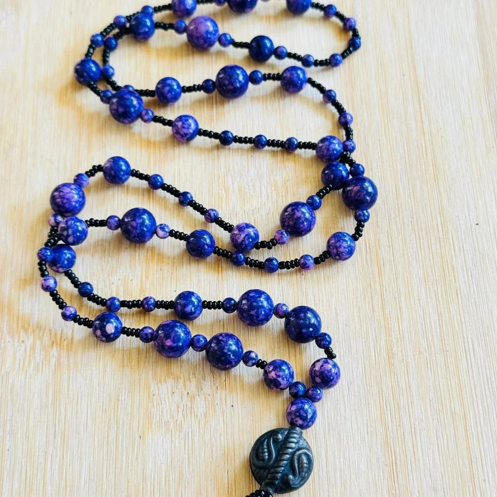 VTG Czech Art Glass‎ Beaded Picasso Tassel Necklace Purple Beads Flapper 32